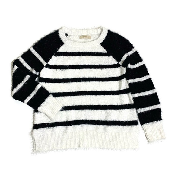 Loft fuzzy striped black and white crew neck warm sweater - Picture 2 of 6